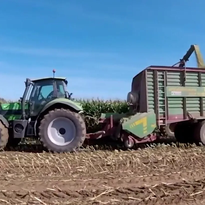 Tracteur Deutz-Fahr et remorque d'ensilage remplie par l'ensileuse dans un champ de maïs